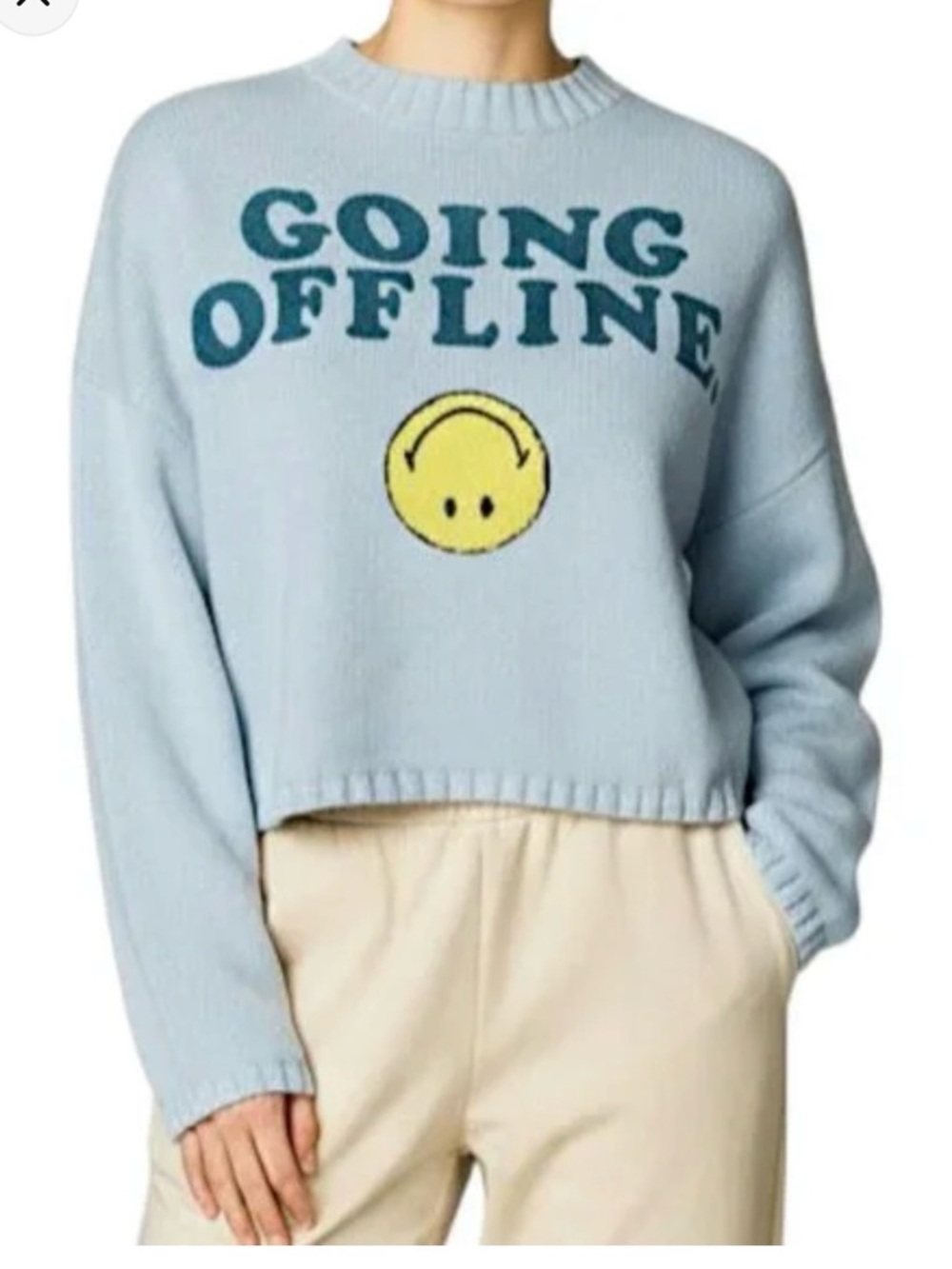 Moon & Madison "Going Offline" Smiley Face Cropped Knit Sweater Medium